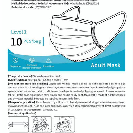 Clinical Level 1 Full Medical Surgical 3 Ply Premium Disposable Masks (5)10 mask packs for 50 Masks Total.