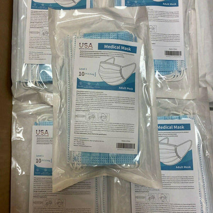 Clinical Level 1 Full Medical Surgical 3 Ply Premium Disposable Masks (10)10 mask packs for 100 Masks Total.