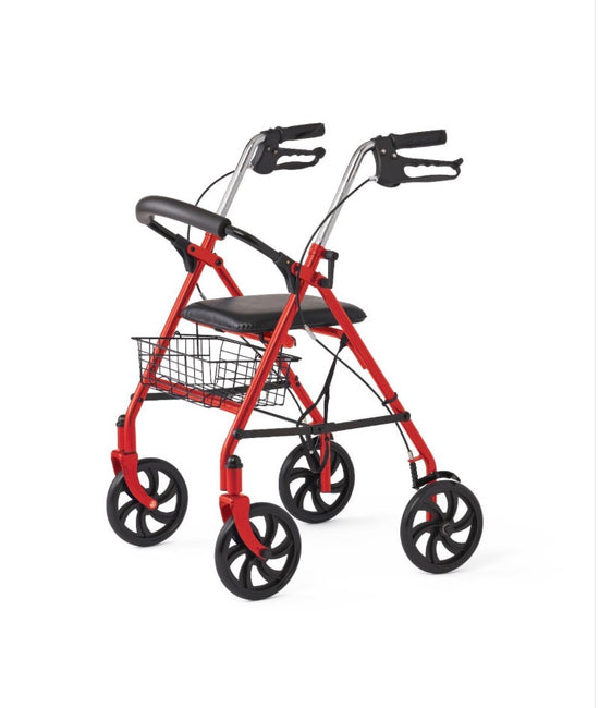 Medline Basic Steel Rollator with Basket and Flip-Up Backrest, 8" Wheels, 300 lb. Capacity, Red, Knockdown