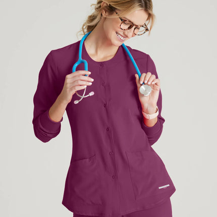Stability 2-Pocket Crewneck Snap-Front Scrub Jacket WINE