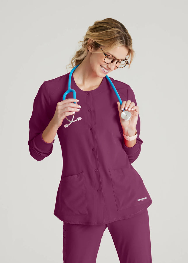 Stability 2-Pocket Crewneck Snap-Front Scrub Jacket WINE
