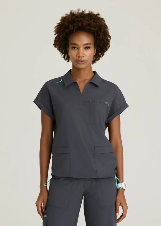 Charlie 3-Pocket Shirt Collar Dolman Sleeve Top pewt