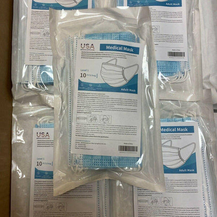 Clinical Level 1 Full Medical Surgical 3 Ply Premium Disposable Masks (10)10 mask packs for 100 Masks Total - USA Medical Supply