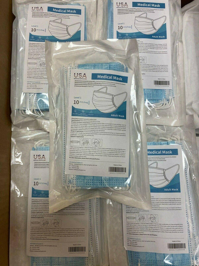 Clinical Level 1 Full Medical Surgical 3 Ply Premium Disposable Masks (10)10 mask packs for 100 Masks Total.