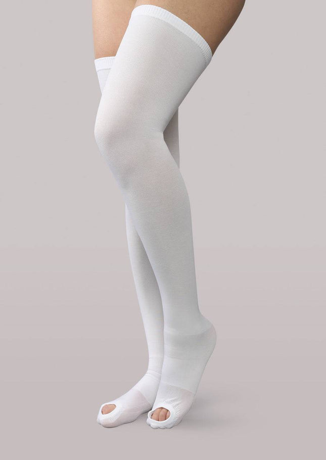 Therafirm Anti-Embolism 18mmHg Thigh High Open-Toe Stockings.