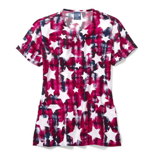 Polyester Notch Neck Print Scrub Top.