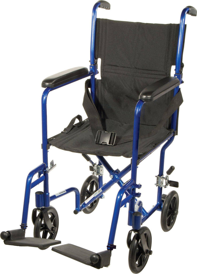 Blue Transport Wheelchair with 1 Year Warranty - Footit Medical, CPAP, Stairlift, Orthotic, Prosthetic, & Mobility Supply